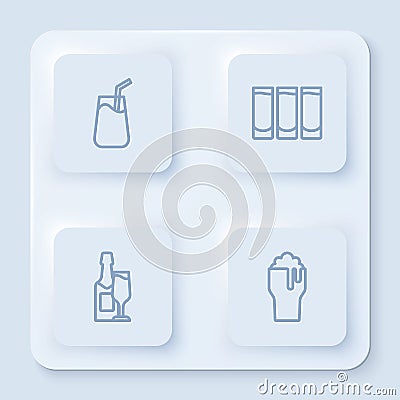 Set line Cocktail, Shot glass, Champagne bottle and and Glass of beer. White square button. Vector Vector Illustration