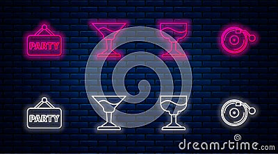 Set line Cocktail, , Signboard party and Vinyl player with disk. Glowing neon icon on brick wall. Vector Vector Illustration