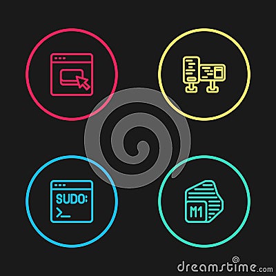 Set line Code terminal, Processor, Computer monitor screen and Browser files icon. Vector Stock Photo