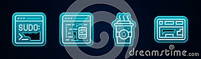 Set line Code terminal, Software, Coffee cup to go and Keyboard. Glowing neon icon. Vector Vector Illustration