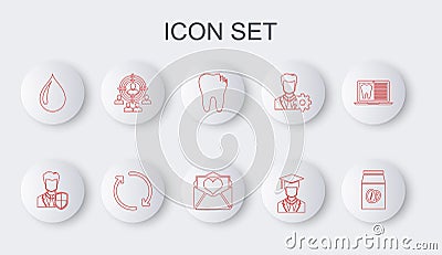 Set line Coffee beans in bag, User protection, Broken tooth, Graduate with graduation cap, Water drop, Marketing target Vector Illustration