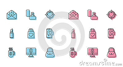 Set line Coffee cup with 8 March, on monitore, Envelope, Handbag, Shopping heart, Online dating app chat, Lipstick and Vector Illustration