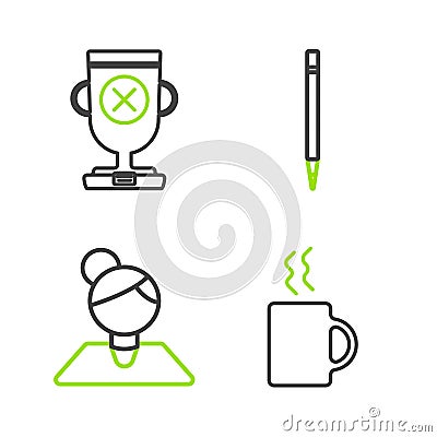 Set line Coffee cup, Teacher, Pencil with eraser and Award icon. Vector Vector Illustration