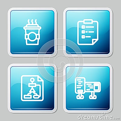 Set line Coffee cup to go, Clipboard with checklist, Flowchart and Computer monitor screen icon. Vector Vector Illustration