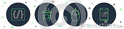 Set line Coffee cup to go, Computer mouse, Programming language syntax and Mobile Apps icon. Vector Stock Photo