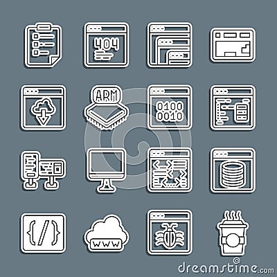 Set line Coffee cup to go, Server, Data, Web Hosting, Software, Processor, Cloud technology data transfer, Clipboard Stock Photo