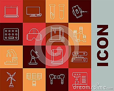 Set line Coffee machine, Motion sensor, Computer network, Test tube and flask, Virtual reality glasses, Pills blister Vector Illustration