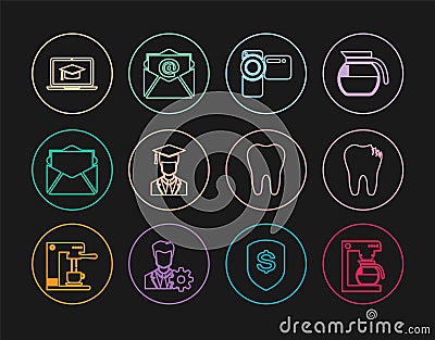 Set line Coffee machine with pot, Broken tooth, Cinema camera, Graduate graduation cap, Mail and e-mail, Graduation Stock Photo