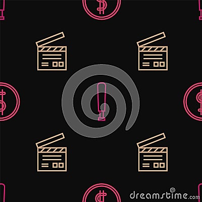 Set line Coin money with dollar, Movie clapper and Baseball bat on seamless pattern. Vector Vector Illustration