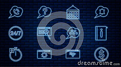 Set line Coin money with dollar, User manual, Calendar, System bug concept, Clock 24 hours, Speech bubble phone call Vector Illustration