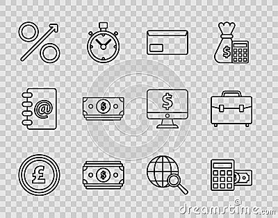 Set line Coin money with pound sterling symbol, Calculator dollar, Envelope, Stacks paper cash, Percent up arrow Vector Illustration