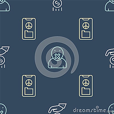 Set line Coins on hand - minimal wage, Peace and Censor freedom of speech on seamless pattern. Vector Vector Illustration