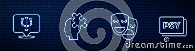 Set line Comedy and tragedy masks, Psychology, Psi, Solution to the problem and . Glowing neon icon on brick wall Vector Illustration