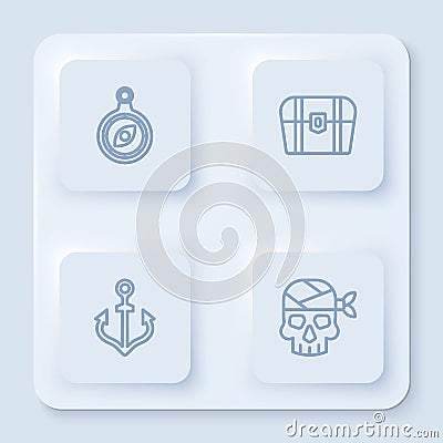 Set line Compass, Antique treasure chest, Anchor and Pirate captain. White square button. Vector Vector Illustration