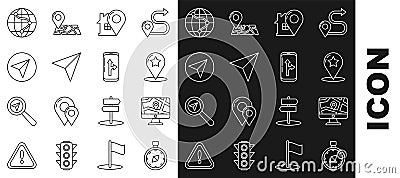 Set line Compass, Monitor and folded map with location, Map pointer star, house, Paper airplane, Location the globe and Stock Photo