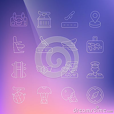 Set line Compass, Pilot, Suitcase, Plane takeoff, landing, Airplane seat, Aircraft steering helm and hat icon. Vector Vector Illustration