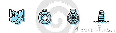 Set line Compass, Pirate treasure map, Lifebuoy and Lighthouse icon. Vector Vector Illustration
