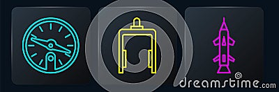 Set line Compass, Rocket and Metal detector in airport. Black square button. Vector Vector Illustration