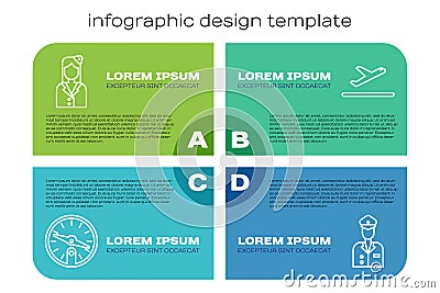 Set line Compass, Stewardess, Pilot and Plane takeoff. Business infographic template. Vector Vector Illustration