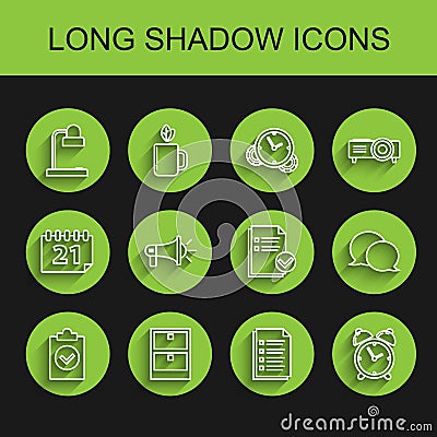 Set line Completed task, Archive papers drawer, Table lamp, File document, Alarm clock, Megaphone, Speech bubble chat Vector Illustration