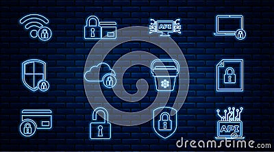 Set line Computer api interface, Document and lock, Cloud computing, Shield security with, Wifi locked, Cooler bag and Vector Illustration