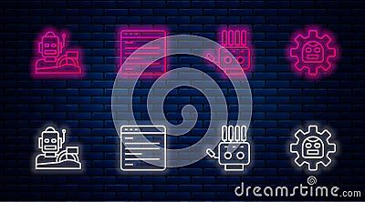 Set line Computer api interface, Mechanical robot hand, Robot humanoid driving car and . Glowing neon icon on brick wall Vector Illustration