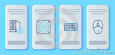 Set line Computer cooler, Keyboard, Case of computer and mouse icon. Vector Vector Illustration