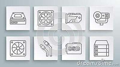 Set line Computer cooler, LAN cable network internet, SSD card, Server, Data, Web Hosting, Video graphic, camera and Vector Illustration