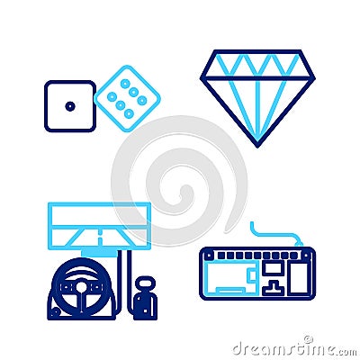 Set line Computer keyboard, Racing simulator cockpit, Diamond and Game dice icon. Vector Stock Photo