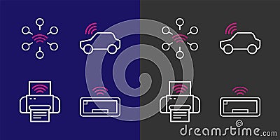 Set line Computer keyboard, Smart printer system, car and Network icon. Vector Stock Photo
