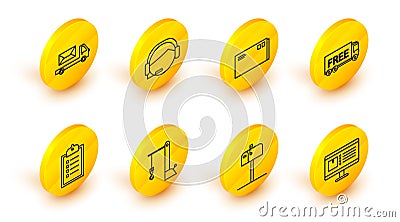 Set line Computer monitor with app delivery tracking, Open mail box, Harbor port crane, Verification of list clipboard Stock Photo