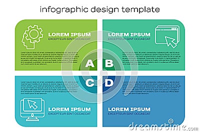 Set line Computer monitor and cursor, Human head with gear inside, Red eye effect and Web design and development Vector Illustration