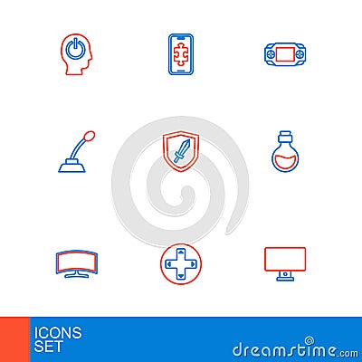 Set line Computer monitor, Game controller joystick, Bottle with magic elixir, Microphone, Sword for game, Portable Vector Illustration