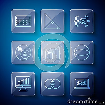 Set line Computer monitor with graph chart, Chalkboard, Square root of x glyph, Graph, schedule, diagram, Subsets, math Stock Photo