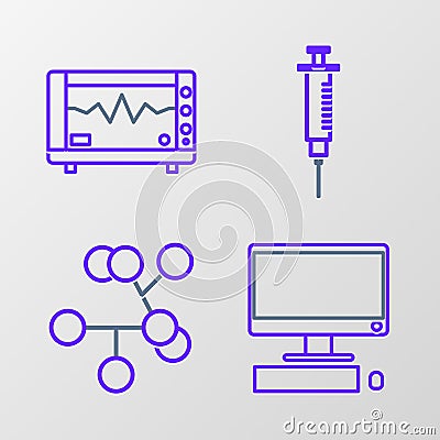 Set line Computer monitor with keyboard and mouse, Molecule, Syringe and cardiogram icon. Vector Vector Illustration