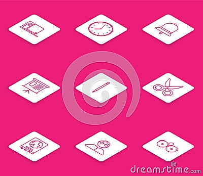 Set line Computer monitor with keyboard and mouse, schedule, chart, diagram, infographic, pie graph, Pencil eraser Vector Illustration