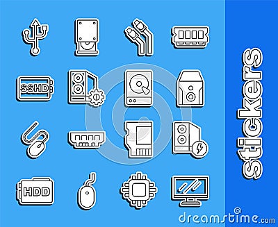 Set line Computer monitor screen, Case of computer, Uninterruptible power supply, LAN cable network internet, SSHD card Vector Illustration