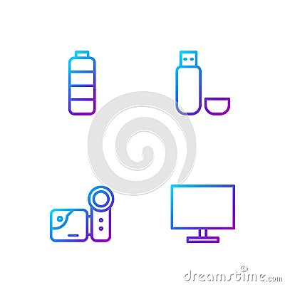 Set line Computer monitor screen, Cinema camera, Battery charge level indicator and USB flash drive. Gradient color Vector Illustration