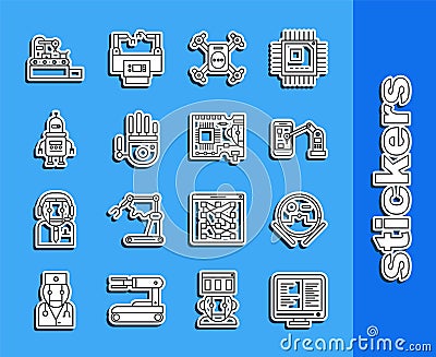 Set line Computer monitor screen, Industrial machine robotic robot arm hand, Drone flying with action camera, Mechanical Stock Photo