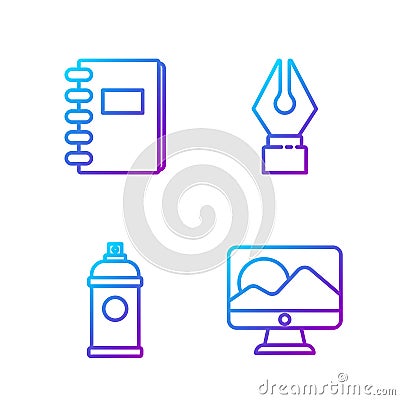 Set line Computer monitor screen, Paint spray can, Spiral notebook and Fountain pen nib. Gradient color icons. Vector Vector Illustration