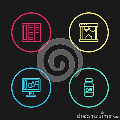 Set line Computer monitor screen, Printer ink bottle, 3D printer and Brochure icon. Vector Vector Illustration
