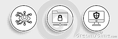 Set line Computer monitor and shield, Eye scan and FTP folder lock icon. Vector Stock Photo