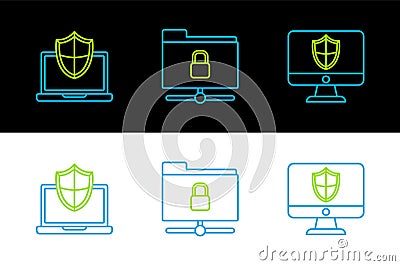 Set line Computer monitor and shield, Laptop protected with and FTP folder lock icon. Vector Stock Photo