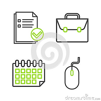 Set line Computer mouse, Calendar, Briefcase and Document and check mark icon. Vector Vector Illustration