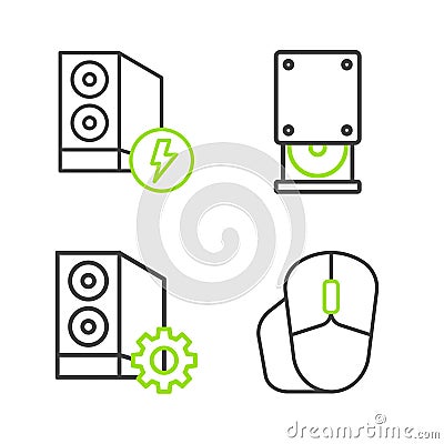 Set line Computer mouse, Case of computer, Optical disc drive and icon. Vector Vector Illustration