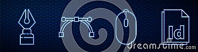Set line Computer mouse, Fountain pen nib, Bezier curve and ID File document. Glowing neon icon on brick wall. Vector Vector Illustration