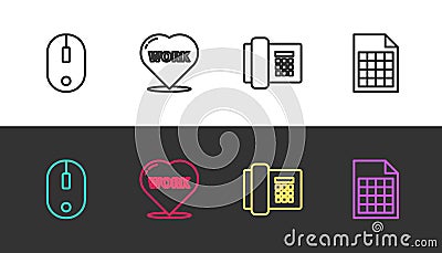 Set line Computer mouse, Heart with text work, Telephone and File document on black and white. Vector Stock Photo