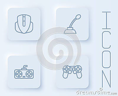 Set line Computer mouse, Microphone, Game controller or joystick and . White square button. Vector Vector Illustration
