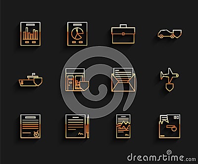 Set line Confirmed document and check mark, Contract with pen, Document graph chart, Torn contract, Ordered envelope Stock Photo