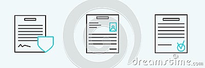 Set line Confirmed document and check mark, Contract with shield and Personal icon. Vector Vector Illustration